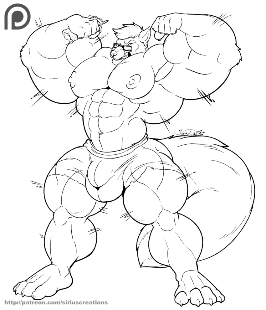 anthro black_and_white bulge canine clothed clothing eyewear flexing glasses huge_muscles male mammal monochrome muscular muscular_male patreon pecs siriusdog solo standing topless