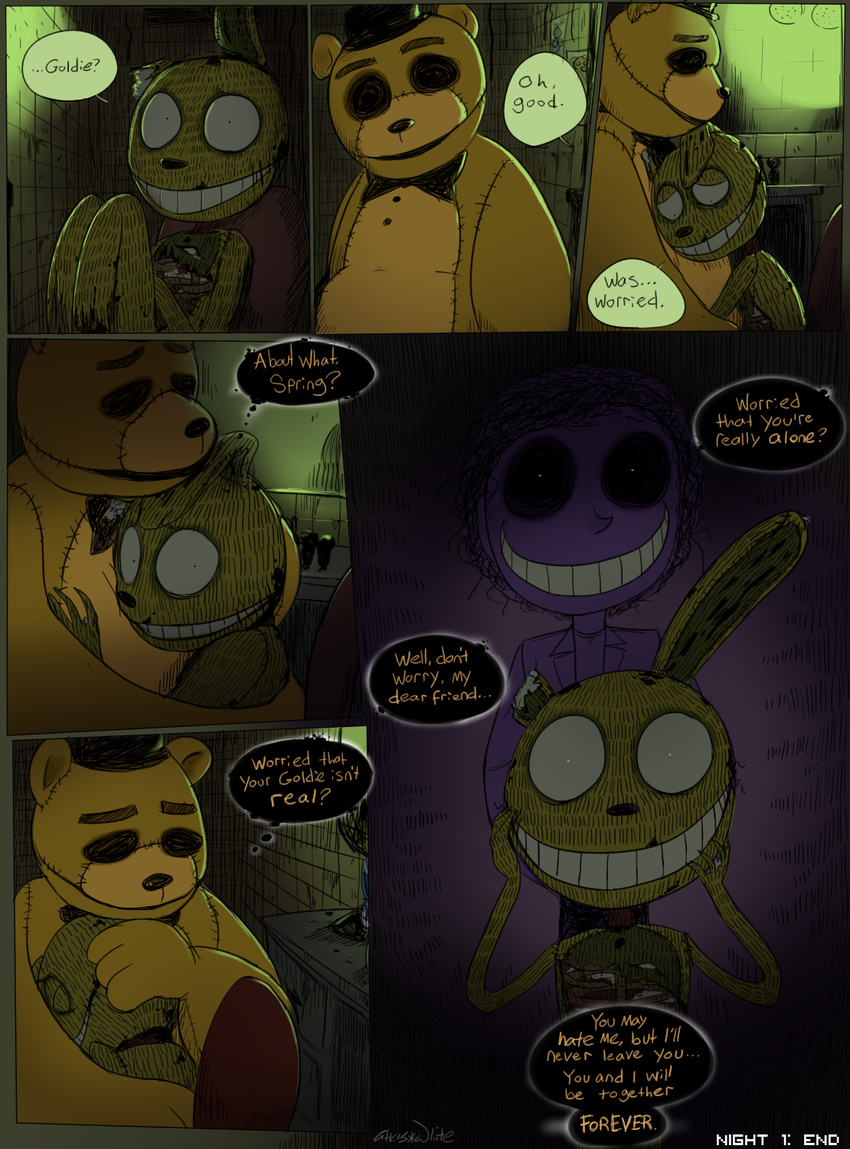 animatronic atlas-white bear comic eyeless five_nights_at_freddy's five_nights_at_freddy's_3 glowing glowing_eyes golden_freddy_(fnaf) lagomorph machine male mammal purple_guy_(fnaf) rabbit robot springtrap_(fnaf) video_games