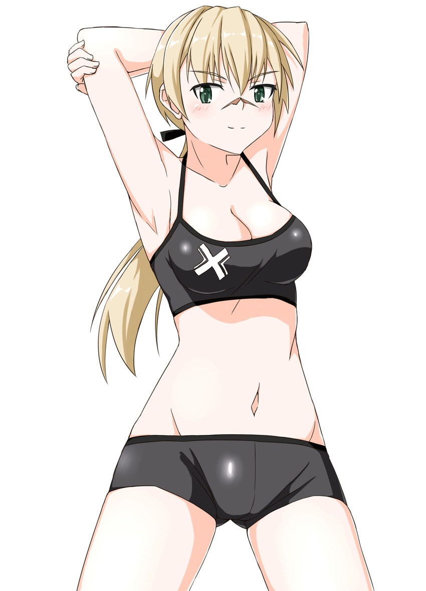 absurdres armpits bike_shorts blonde_hair blush breasts cleavage green_eyes groin hanna_rudel highres hiroshi_(hunter-of-kct) long_hair medium_breasts navel ponytail smile sports_bra world_witches_series