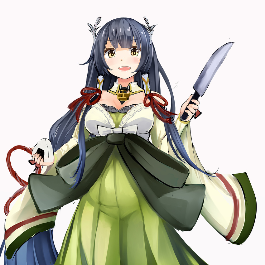 black_hair blush bow breasts brown_eyes cowboy_shot detached_sleeves dress green_dress hair_tubes highres holding holding_knife irohasu kantai_collection knife large_bow large_breasts long_hair looking_at_viewer mizuho_(kantai_collection) open_mouth smile solo very_long_hair