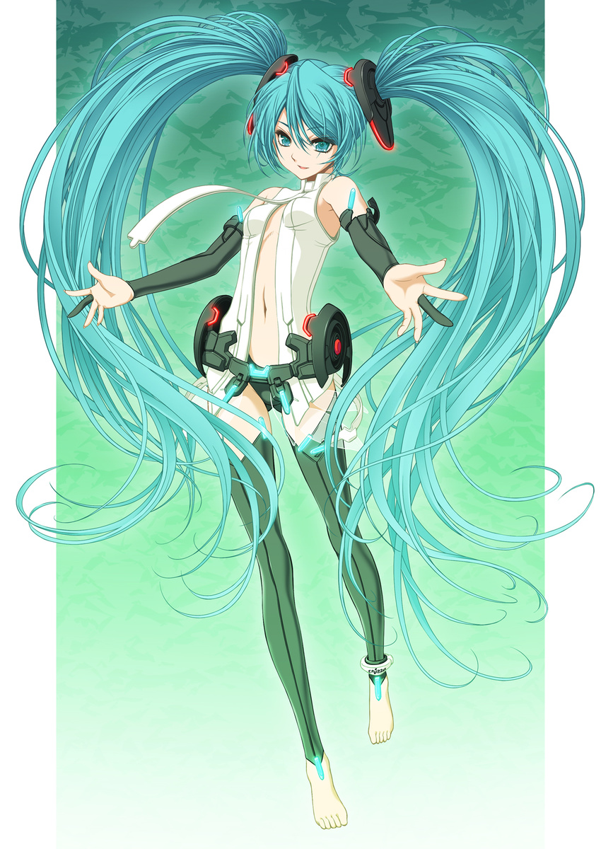 aqua_eyes aqua_hair barefoot bridal_gauntlets fugetsu_taku hatsune_miku hatsune_miku_(append) highres long_hair navel necktie solo thighhighs twintails very_long_hair vocaloid vocaloid_append