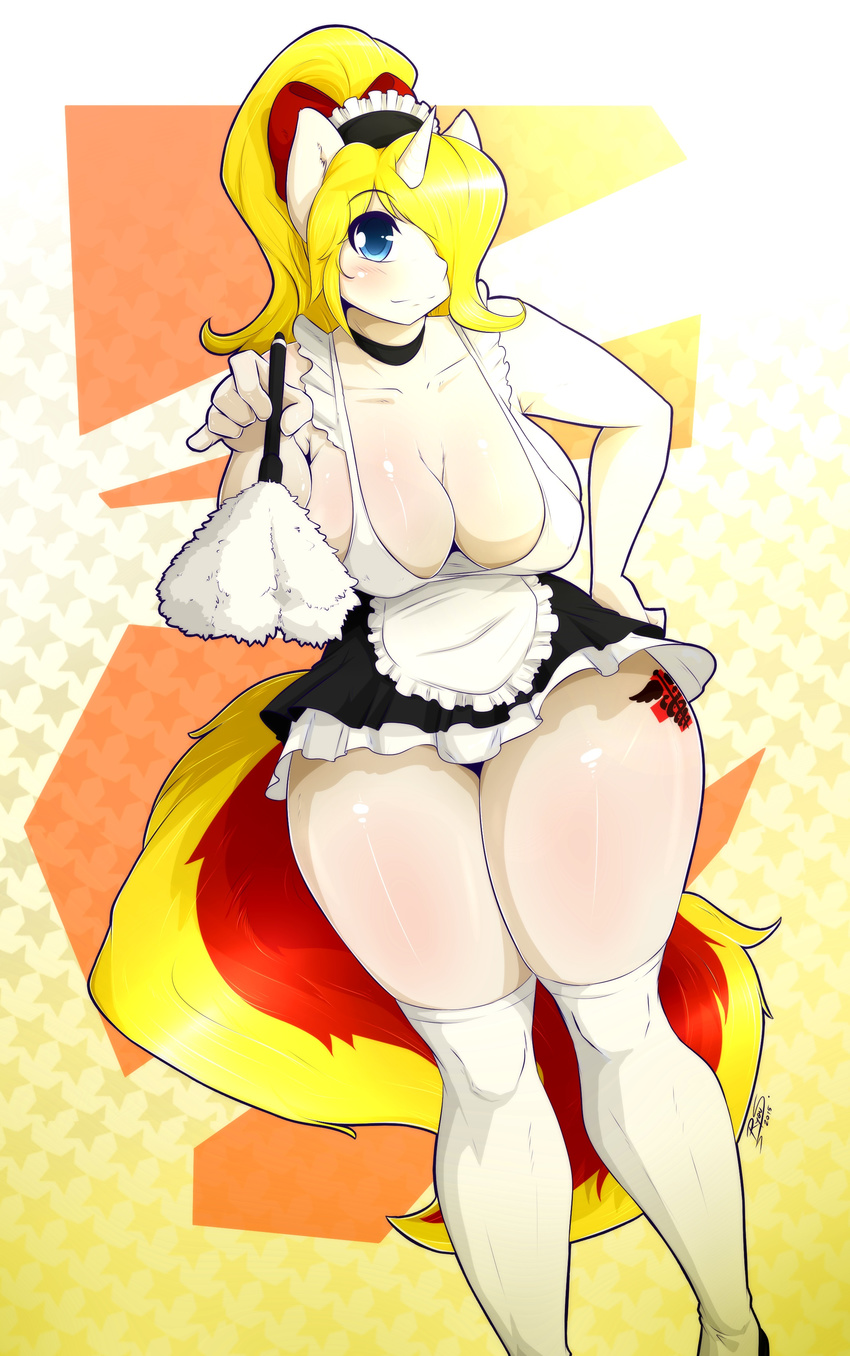 2015 absurd_res animal_humanoid big_breasts blonde_hair blue_eyes blush bow breasts cleavage clothed clothing cutie_mark dress duster equine equine_humanoid female hair hi_res horn human humanoid legwear long_hair looking_at_viewer maid maid_uniform mammal ponytail ryousakai side_boob smile solo standing stockings thick_thighs unicorn wide_hips