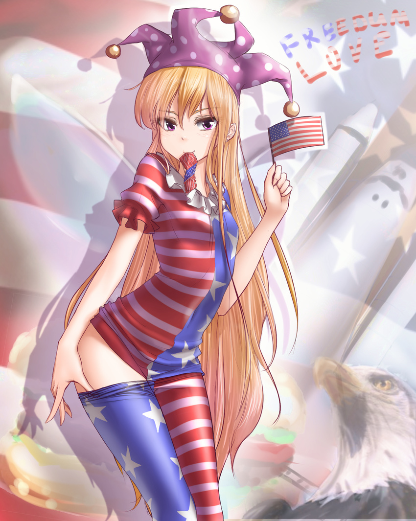 america american_flag american_flag_dress american_flag_legwear bald_eagle bird blonde_hair breasts clownpiece condom condom_in_mouth condom_packet_strip condom_wrapper eagle earrings food hamburger hat hater_(hatater) highres jester_cap jewelry long_hair looking_at_viewer mouth_hold older pantyhose pantyhose_pull patriotism purple_eyes shadow small_breasts solo space_craft space_shuttle touhou typo very_long_hair