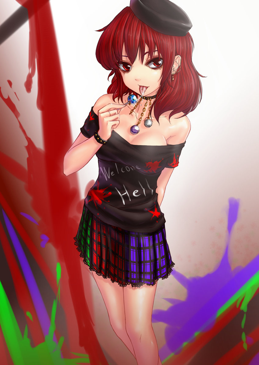 arm_behind_back backlighting bare_shoulders black_shirt breasts candy chain choker cleavage clothes_writing collarbone earrings earth_(ornament) english eyeshadow food gold_chain hat hater_(hatater) hecatia_lapislazuli highres jewelry leaning_to_the_side legs licking lollipop looking_at_viewer makeup medium_breasts moon_(ornament) multicolored multicolored_clothes multicolored_skirt paint_splatter piercing plaid plaid_skirt polos_crown red_eyes red_hair ring saliva shirt short_hair skirt solo standing thighs tongue tongue_out tongue_piercing touhou wristband