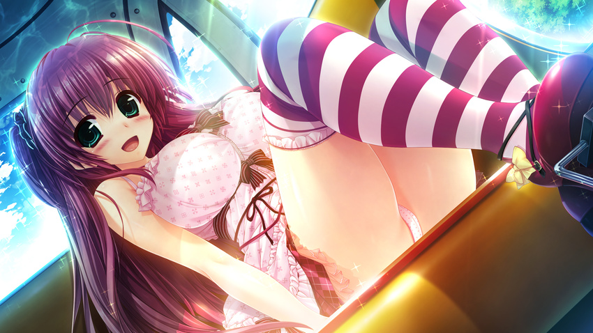 ahoge blush breasts dutch_angle green_eyes highres large_breasts long_hair looking_at_viewer md5_mismatch open_mouth oshiki_hitoshi panties polka_dot polka_dot_panties red_hair sakigake_generation! sitting solo striped striped_legwear thighhighs underwear yukinomiya_anon