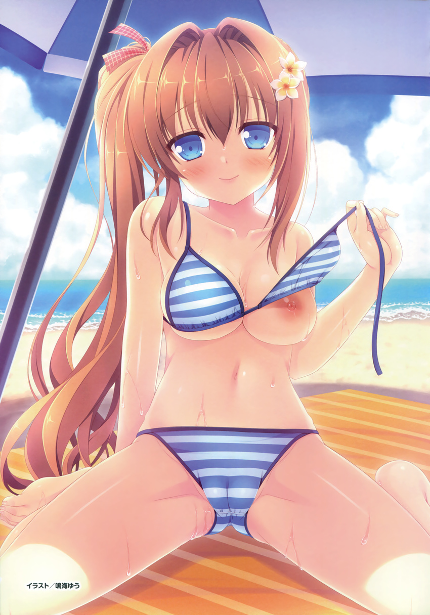 absurdres beach beach_umbrella bikini blue_bikini blue_eyes blush breast_slip breasts brown_hair cameltoe day highres horizon large_breasts long_hair mat narumi_yuu_(bunbukudou) nipples ocean one_breast_out side_ponytail sitting smile solo striped striped_bikini swimsuit umbrella undressing very_long_hair wariza