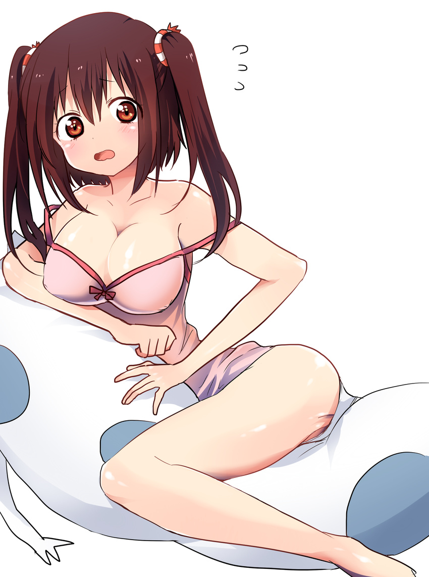 ass bare_shoulders blush breasts brown_eyes cleavage covered_nipples ebina_nana flying_sweatdrops highres himouto!_umaru-chan kisarashii large_breasts looking_at_viewer open_mouth panties simple_background solo strap_slip stuffed_animal stuffed_cat stuffed_toy underwear wavy_mouth white_background white_panties