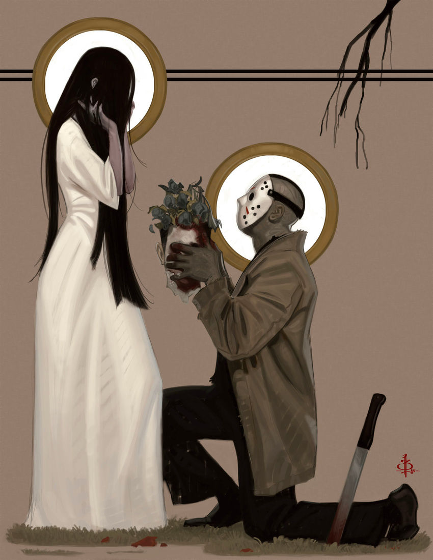 1girl artstation_sample bald black_hair blood bloody_weapon bryan_lee couple crossover dead_plants dress flower friday_the_13th grey_skin hair_over_face hands_on_own_face head hetero highres hockey_mask image_sample jacket jason_voorhees kneeling long_hair machete mask proposal severed_head the_ring very_long_hair weapon white_dress yamamura_sadako