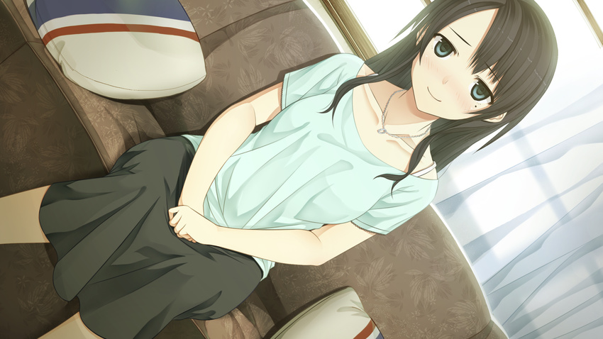 arishima_nahoko asymmetrical_bangs bangs black_hair blue_eyes blush collarbone cura dutch_angle game_cg highres jewelry long_hair looking_at_viewer mole mole_under_eye monobeno necklace sitting skirt smile solo