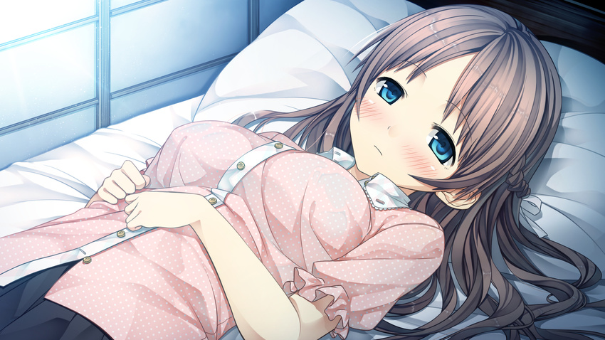 bangs blush braid breasts brown_hair cura dutch_angle game_cg highres large_breasts long_hair looking_at_viewer lying monobeno on_back on_bed parted_bangs sawai_natsuha shirt solo