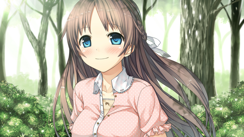 bangs blue_eyes blush braid brown_hair collarbone cura game_cg highres long_hair looking_at_viewer monobeno nature parted_bangs sawai_natsuha short_sleeves smile tree