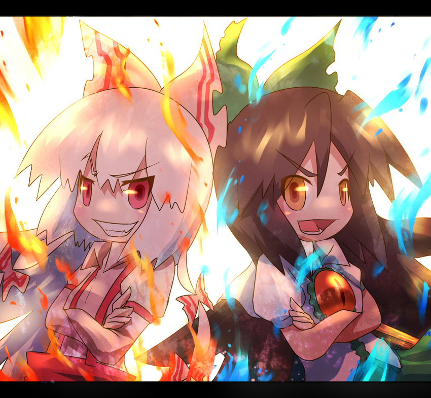 ayakashi_(monkeypanch) bad_id bad_pixiv_id bow brown_hair fire flame fujiwara_no_mokou grin hair_bow highres letterboxed long_hair multiple_girls red_eyes reiuji_utsuho silver_hair smile suspenders touhou wings