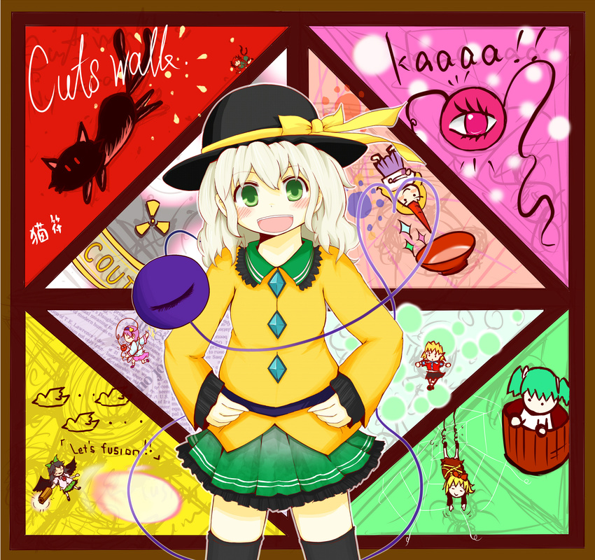 absurdres bucket engrish green_hair hat heart highres horn hoshiguma_yuugi in_bucket in_container kaenbyou_rin kaenbyou_rin_(cat) kisume komeiji_koishi komeiji_satori kurodani_yamame mizuhashi_parsee multiple_girls ranguage reiuji_utsuho reiuji_utsuho_(bird) shiro_tsugumi short_hair silver_hair thighhighs touhou zettai_ryouiki