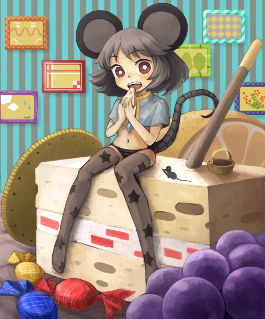 animal_ears bad_id bad_pixiv_id basket black_panties cake candy capelet eating food fruit grapes grey_hair highres in_food minigirl mitsuki_(goomoku) mouse mouse_ears mouse_tail navel nazrin no_pants panties pastry print_legwear red_eyes solo star star_print tail thighhighs touhou underwear