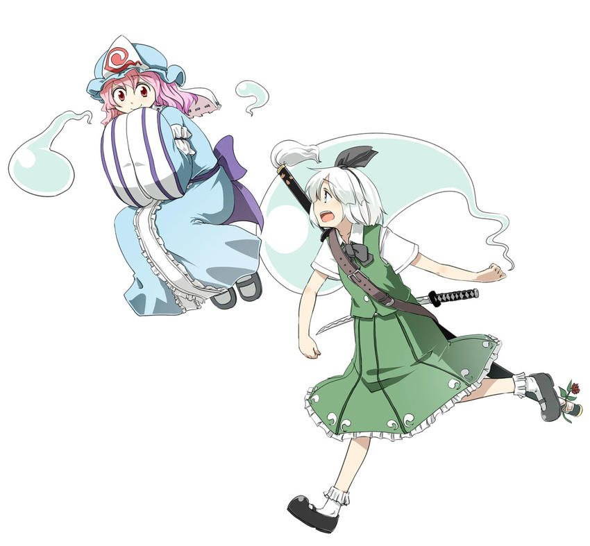 ghost hairband hat hota japanese_clothes katana kimono konpaku_youmu konpaku_youmu_(ghost) multiple_girls pink_hair saigyouji_yuyuko short_hair silver_hair sword touhou weapon