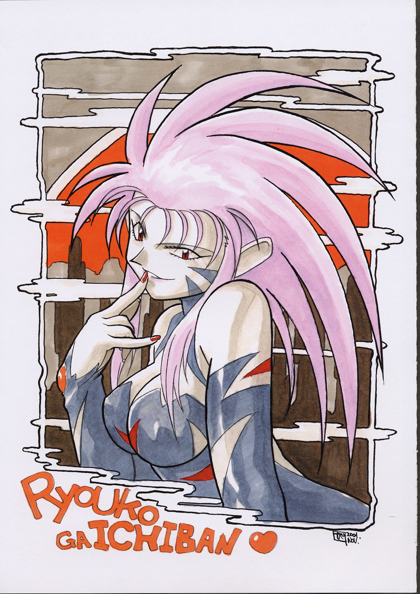 breasts cleavage dated detached_sleeves highres long_hair marker_(medium) medium_breasts nail_polish naughty_face pink_hair red_eyes red_nails ryouko_(tenchi_muyou!) scan scan_artifacts silver_hair smile smirk solo spiked_hair tenchi_muyou! traditional_media watercolor_(medium)