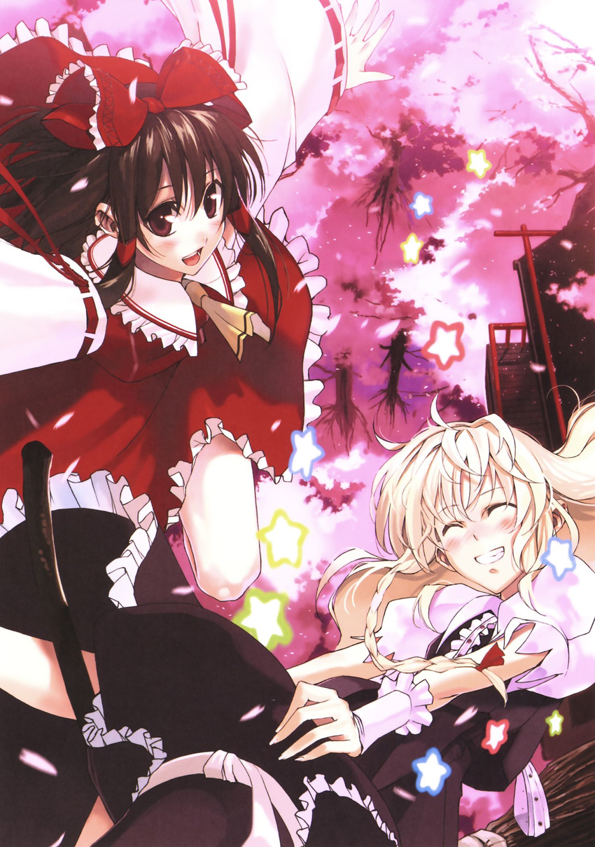 blonde_hair bow braid broom broom_riding cherry_blossoms closed_eyes flying frills from_above grin hair_bow hakurei_reimu happy hat hat_removed headwear_removed highres holding holding_hat kirisame_marisa large_bow morii_shizuki multiple_girls outstretched_arms ribbon smile spread_arms star touhou witch witch_hat