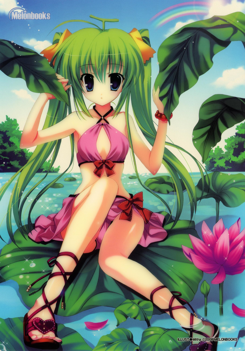 absurdres ahoge ankle_lace-up bangs bare_legs bare_shoulders bikini blue_eyes blush bow bracelet cleavage_cutout cross-laced_footwear day flat_chest flower front-tie_top green_hair halterneck heart highres jewelry leaf lens_flare lily_pad long_hair melon-chan melonbooks mitha nature navel petals pink_sarong plant rainbow river sandals sarong scan sitting skirt sky sleeveless solo summer sun swimsuit tree twintails very_long_hair water yellow_bow