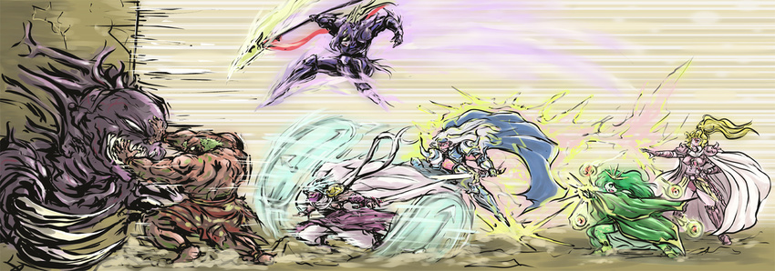 armor battle blonde_hair cain_highwind cape cecil_harvey demon_wall edward_geraldine final_fantasy final_fantasy_iv green_hair helmet kuu_(pixiv582427) long_hair long_image magic monster polearm ponytail rosa_farrell rydia short_hair spear sword weapon white_hair wide_image