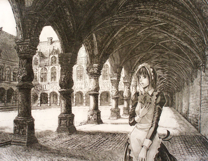 bad_id bad_pixiv_id colonnade column highres in_those_days leri maid mansion mita_mitauzo monochrome pillar scenery sepia solo traditional_media