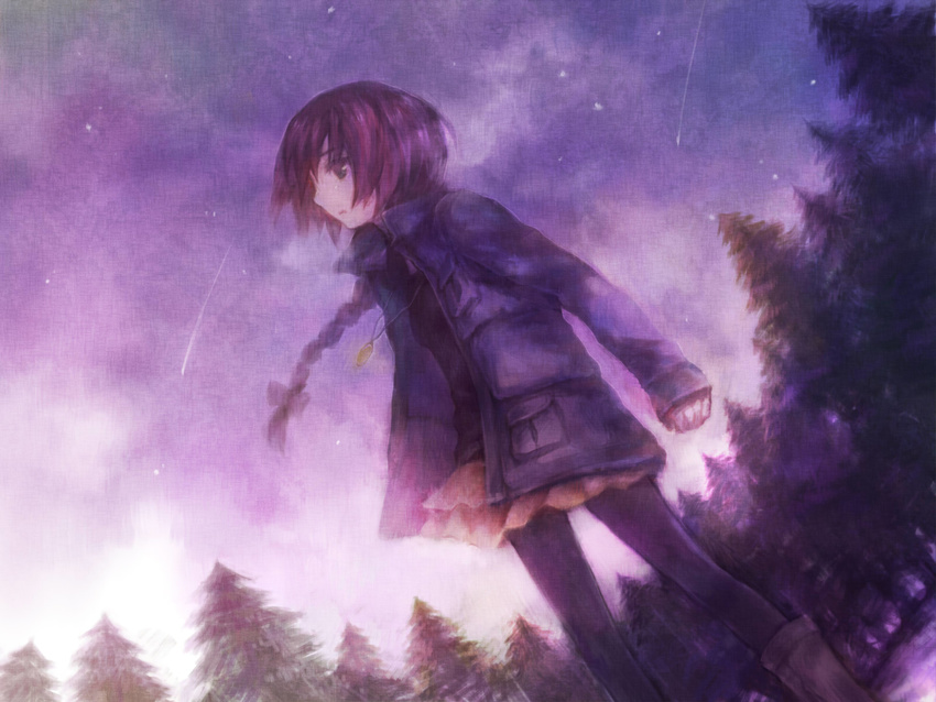 ameiro blue_eyes braid coat darker_than_black faux_traditional_media forest highres jewelry nature night pantyhose pendant ponytail single_braid sky solo star_(sky) starry_sky suou_pavlichenko