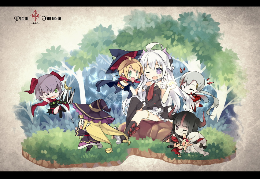 6+girls banana black_hair blonde_hair borrowed_character closed_eyes commentary_request copyright_name demon_girl food fruit green_eyes hat horns lafrenze_(33) letterboxed long_hair mofetousu_furuna multiple_girls one_eye_closed open_mouth pixiv_fantasia pixiv_fantasia_fallen_kings pointy_ears purple_eyes saru sitting smile very_long_hair white_hair witch_hat