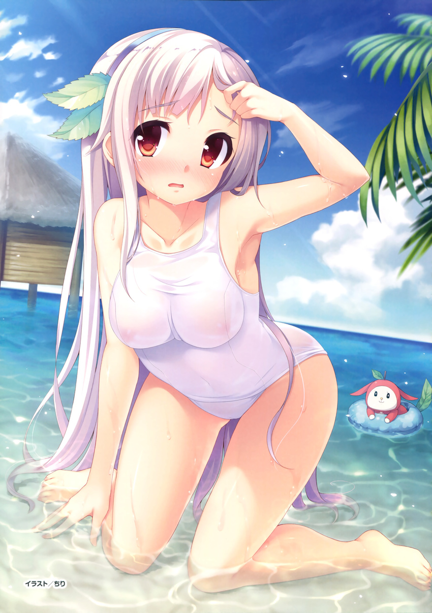 absurdres albino barefoot beach bent_over blush breasts chiri_(atlanta) cloud day headband highres himekami_ayame in_water innertube kneeling large_breasts leaf long_hair looking_at_viewer nose_blush one-piece_swimsuit open_mouth outdoors red_eyes scan school_swimsuit see-through shy sky solo swimsuit watashi_ga_suki_nara_"suki"_tte_itte! wet white_hair white_school_swimsuit white_swimsuit