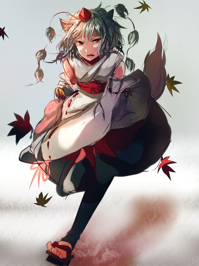 animal_ears autumn_leaves bad_id bad_pixiv_id detached_sleeves geta hat hat_ribbon highres hizagawa_rau inubashiri_momiji long_sleeves looking_at_viewer open_mouth red_eyes ribbon shirt silver_hair skirt solo tail tokin_hat touhou wide_sleeves wolf_ears wolf_tail