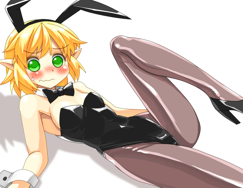 animal_ears bare_arms bare_shoulders black_legwear blonde_hair blush bunny_ears bunny_girl bunnysuit detached_collar fake_animal_ears green_eyes leg_up leotard long_legs looking_at_viewer lying mizuhashi_parsee mono_(moiky) on_back pantyhose pointy_ears solo touhou wavy_mouth wrist_cuffs