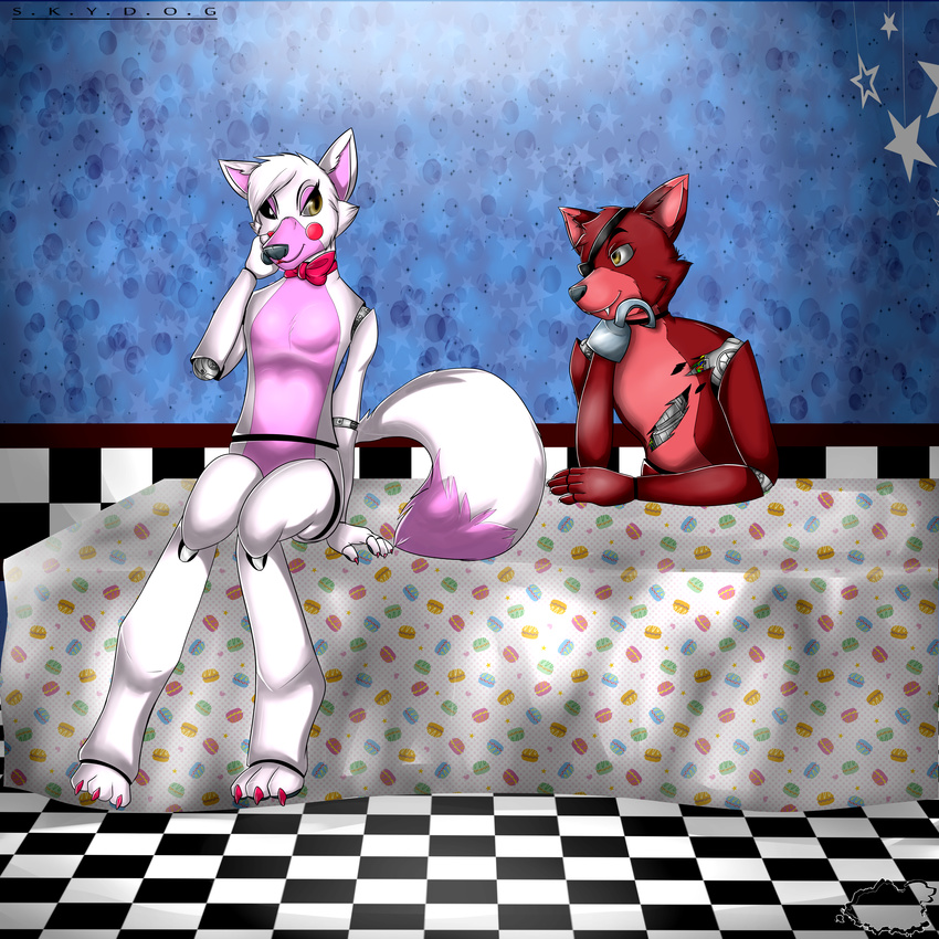 animatronic anthro bow canine duo eye_patch eyewear female five_nights_at_freddy's five_nights_at_freddy's_2 five_nights_at_freddy&acute;s fox foxy_(fnaf) hook machine male mammal mangle_(fnaf) robot sitting skydog stare table video_games yellow_eyes