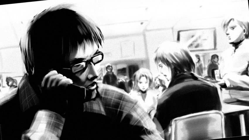 6+boys 6+girls cafeteria cellphone chair checkered checkered_shirt commentary dutch_angle final_agent_(2ch) greyscale male_focus meme monochrome multiple_boys multiple_girls original phone sai_hate shirt short_hair sitting table trolling