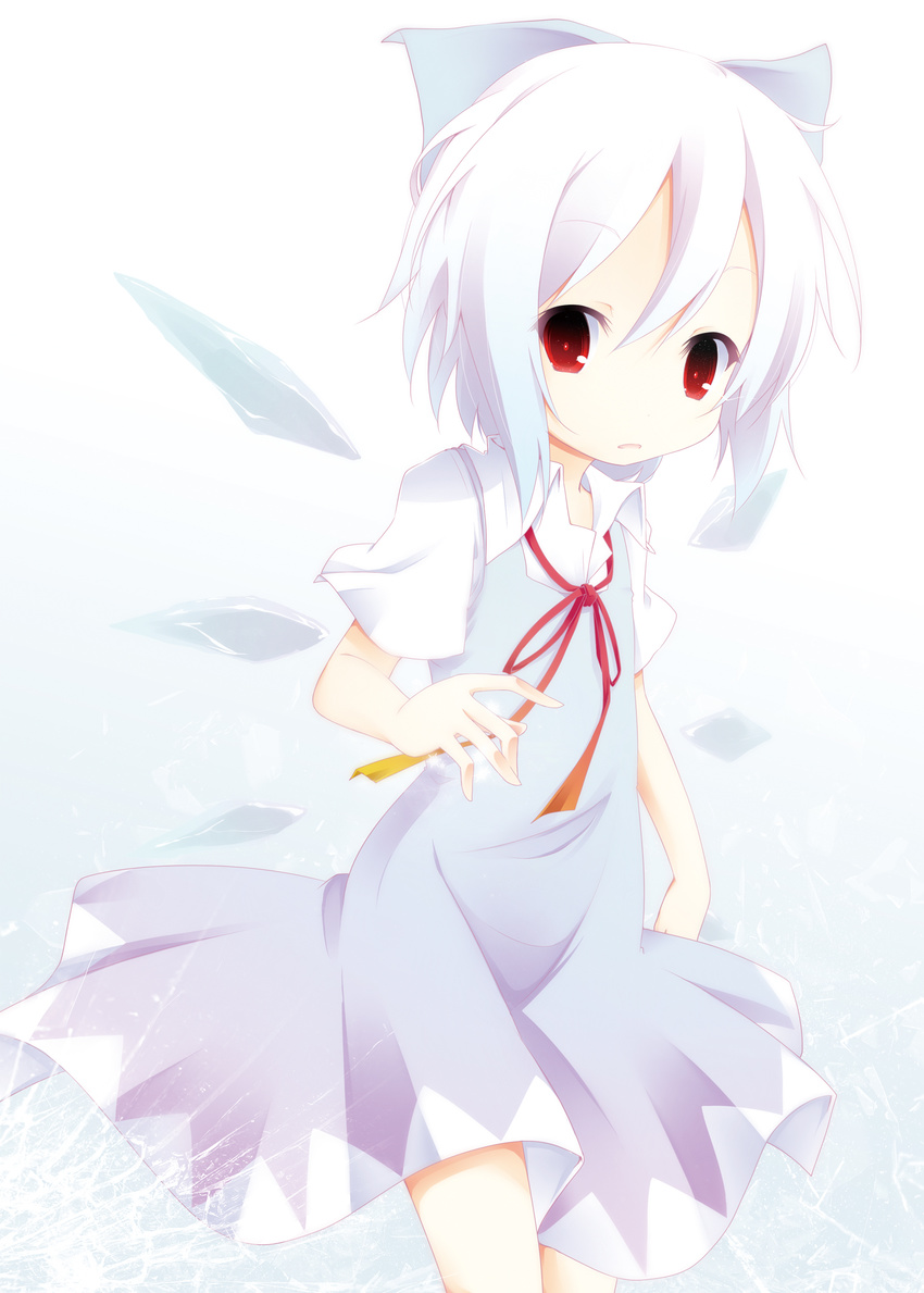 absurdres albino alternate_color blush cirno collared_shirt commentary d: dress highres hinata_ichi ice ice_wings looking_at_viewer open_mouth red_eyes shirt solo touhou white_hair wings