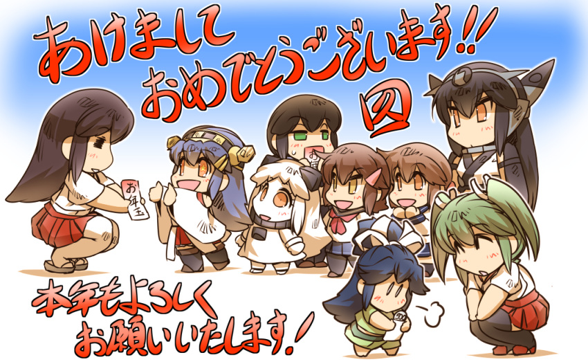 6+girls =_= akagi_(kantai_collection) arm_guards brown_eyes comic commentary_request crop_top detached_sleeves envelope eyes_closed folded_ponytail fubuki_(kantai_collection) green_eyes hair_between_eyes hair_ornament hair_ribbon hairclip hand_to_own_mouth haruna_(kantai_collection) hisahiko horns ikazuchi_(kantai_collection) inazuma_(kantai_collection) japanese_clothes kantai_collection katsuragi_(kantai_collection) long_hair long_sleeves multiple_girls nagato_(kantai_collection) nontraditional_miko northern_ocean_hime open_mouth orange_eyes outstretched_arms pantyhose pleated_skirt ponytail ribbon school_uniform serafuku shinkaisei-kan short_hair skirt smile squatting star star-shaped_pupils symbol-shaped_pupils thighhighs translation_request twintails white_hair wide_sleeves younger zuikaku_(kantai_collection)