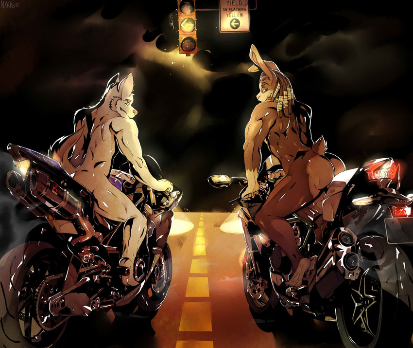 biker butt canine captain_nikko dreadlocks duo lagomorph male mammal motorcycle muscles nude rabbit white_wolf wolf yukibunbun
