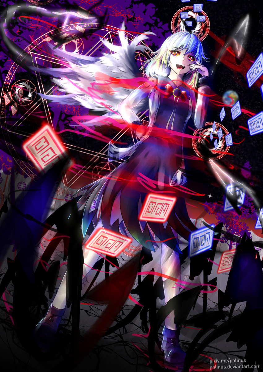 artist_name blue_hair boots bow danmaku dress energy fangs feathered_wings gradient_hair grey_jacket ground_shatter hand_on_hip hand_up hexagram highres jacket kishin_sagume long_sleeves looking_to_the_side magic_circle multicolored multicolored_eyes multicolored_hair open_mouth orange_eyes palinus perspective purple_dress purple_eyes red_eyes ribbon short_hair single_wing solo space standing star_(sky) star_of_david symbol teeth tongue touhou tree watermark web_address white_hair window wings yellow_sclera