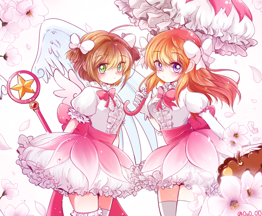 bow brown_hair bubble_skirt cardcaptor_sakura cheese_pang cherry_blossom_cookie cherry_blossom_cookie_(cosplay) cherry_blossoms cookie_run cosplay dress gekkan_shoujo_nozaki-kun green_eyes hair_bow hoshi_no_tsue kinomoto_sakura matching_outfit multiple_girls namesake object_namesake orange_hair parasol personification petals purple_eyes sakura_chiyo skirt staff thighhighs twintails umbrella white_legwear wings