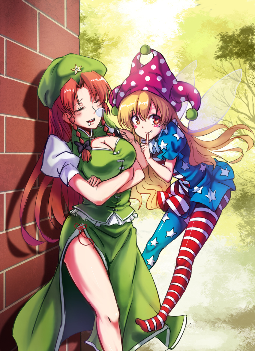 adapted_costume american_flag_legwear american_flag_shirt bangs blonde_hair blush_stickers braid breasts brick_wall cleavage cleavage_cutout clownpiece commentary_request day drooling fairy_wings fang fang_out finger_to_mouth floating_hair hair_ribbon hat highres hong_meiling jester_cap koissa large_breasts long_hair looking_at_viewer multiple_girls nose_bubble orange_eyes outdoors pantyhose parted_bangs polka_dot prank puffy_short_sleeves puffy_sleeves red_hair ribbon saliva short_sleeves side_slit skirt skirt_set sleeping sleeping_upright touhou tress_ribbon twin_braids wings