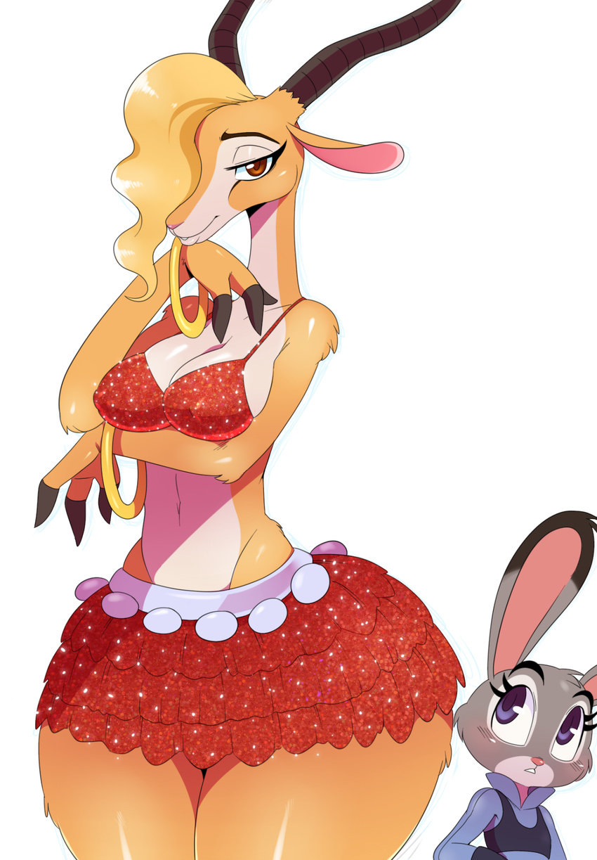 2015 antelope anthro big_breasts blonde_hair bracelet breasts brown_eyes character_from_animated_feature_film cleavage clothed clothing disney duo female gazelle gazelle_(zootopia) hair hair_over_eye jewelry judy_hopps lagomorph mammal navel rabbit simple_background sssonic2 white_background wide_hips zootopia