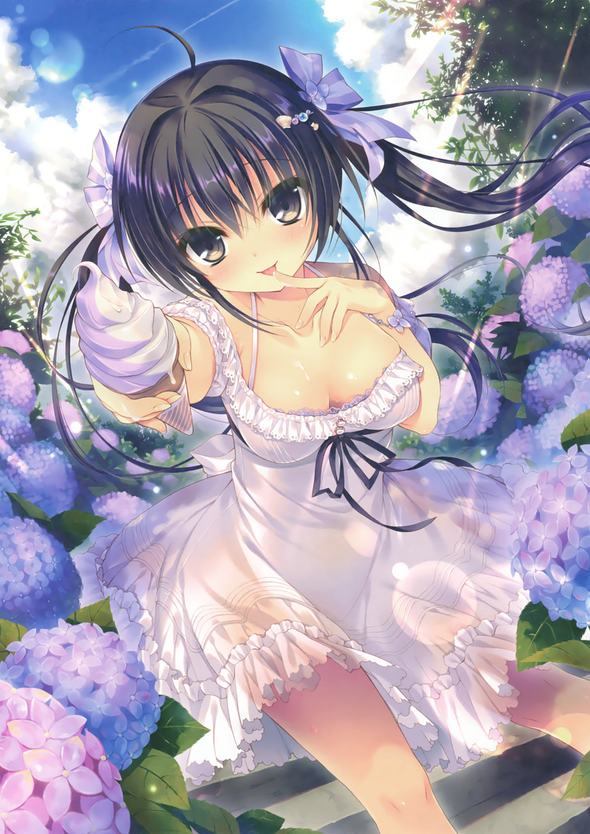 :p absurdres ahoge bangs bare_legs black_eyes black_hair black_ribbon blush breasts cleavage cloud cloudy_sky collarbone cowboy_shot dappled_sunlight day dress eyebrows_visible_through_hair feeding finger_licking finger_to_mouth flower food frilled_dress frills hair_between_eyes hair_ornament highres hydrangea ice_cream ice_cream_cone leaning_forward lens_flare licking long_hair looking_at_viewer medium_breasts outdoors pov_feeding ribbon rubi-sama sky solo stairs standing sundress sunlight tongue tongue_out twintails