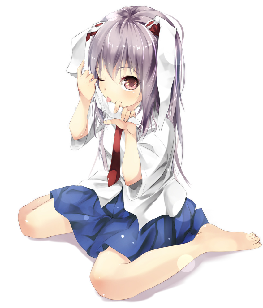 animal_ears bad_id bad_pixiv_id barefoot bunny_ears collared_shirt ear_licking feet full_body gorilla_(bun0615) highres licking long_hair necktie one_eye_closed purple_hair red_eyes reisen_udongein_inaba shirt simple_background sitting skirt solo suggestive_fluid tongue tongue_out touching_ears touhou wariza white_background