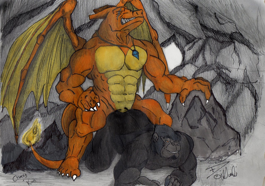 all_fours anal anal_penetration anthro ape charizard dragon fire gorilla inferno-charz male male/male mammal muscles necklace nintendo pecs penetration pok&eacute;mon primate scalie scar scarlettemplar sex traditional_media_(artwork) video_games wings