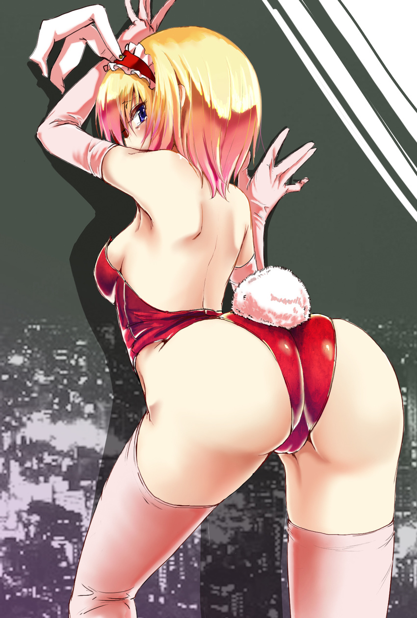\||/ against_wall alice_margatroid alternate_costume animal_ears arched_back arm_up ass back backless_outfit blonde_hair blue_eyes blush breasts bunny_ears bunny_girl bunny_tail bunnysuit caesar8149 elbow_gloves from_behind gloves hair_between_eyes hairband highres looking_at_viewer medium_breasts solo tail tears thighhighs thighs touhou