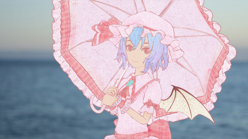 3d ascot bat_wings blue_hair blurry depth_of_field hat horizon looking_at_viewer mob_cap ocean perry red_eyes remilia_scarlet short_hair smile solo touhou wings wrist_cuffs
