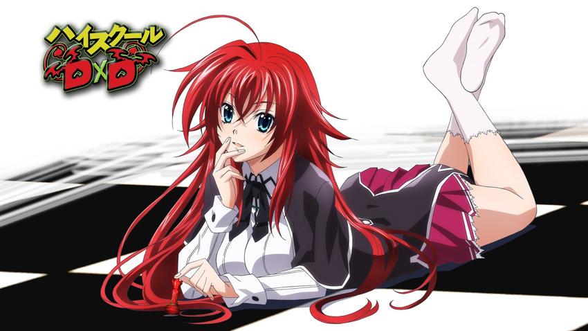 ahoge blue_eyes checkered checkered_floor chess_piece copyright_name eyecatch hair_between_eyes high_school_dxd highres kuoh_academy_school_uniform long_hair looking_at_viewer lying official_art on_stomach open_mouth queen_(chess) red_hair rias_gremory school_uniform socks solo very_long_hair