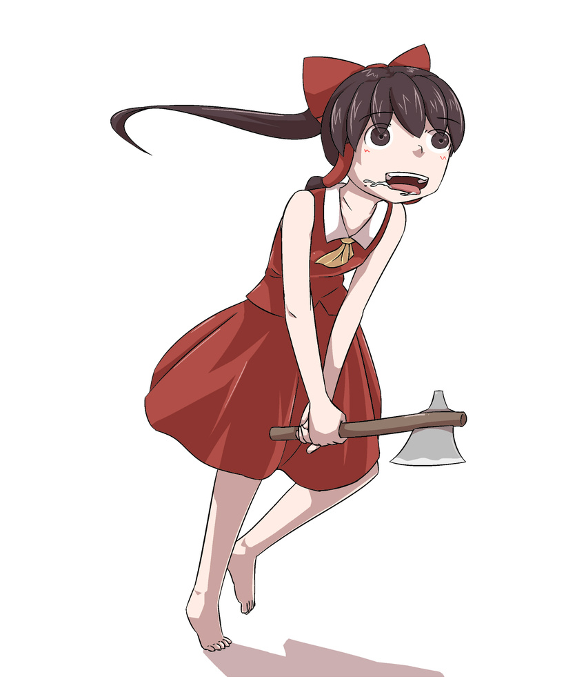 axe barefoot bion blank_stare blush brown_eyes brown_hair drooling feet hair_tubes hakurei_reimu highres holding insane neckerchief open_mouth saliva shadow simple_background solo touhou two-handed weapon white_background