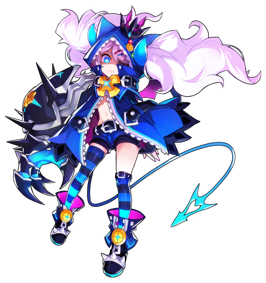 absurdres animal_hood belt blue_eyes blue_legwear blue_shorts chiliarch_(elsword) claws coat crown elsword full_body highres hood hoodie horns hwansang kneehighs long_hair luciela_r._sourcream mismatched_legwear official_art shoes shorts single_kneehigh single_thighhigh solo striped striped_legwear symbol-shaped_pupils tail thighhighs transparent_background twintails white_hair