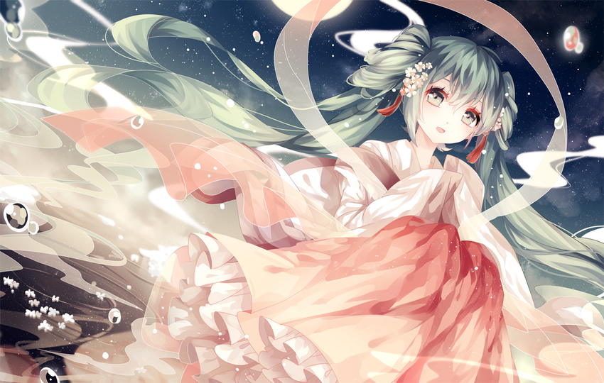 alternate_costume alternate_hairstyle bad_id bad_pixiv_id chinese_clothes chuushuu_meigetsu_miku dutch_angle flower green_eyes green_hair hagoromo hair_flower hair_ornament hands_in_opposite_sleeves hanfu hatsune_miku long_hair long_sleeves looking_at_viewer night night_sky open_mouth ripples see-through shawl shouen_kigashi sitting sky solo star_(sky) tassel twintails very_long_hair vocaloid water_drop wide_sleeves
