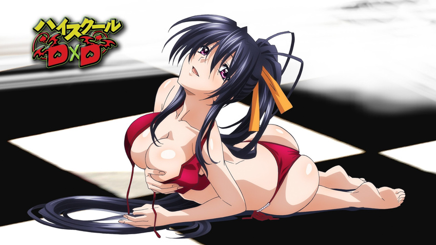 artist_request ass bikini black_hair checkered checkered_floor eyecatch hair_ribbon high_school_dxd highres himejima_akeno long_hair looking_at_viewer official_art purple_eyes red_bikini ribbon screencap swimsuit untied untied_bikini very_long_hair