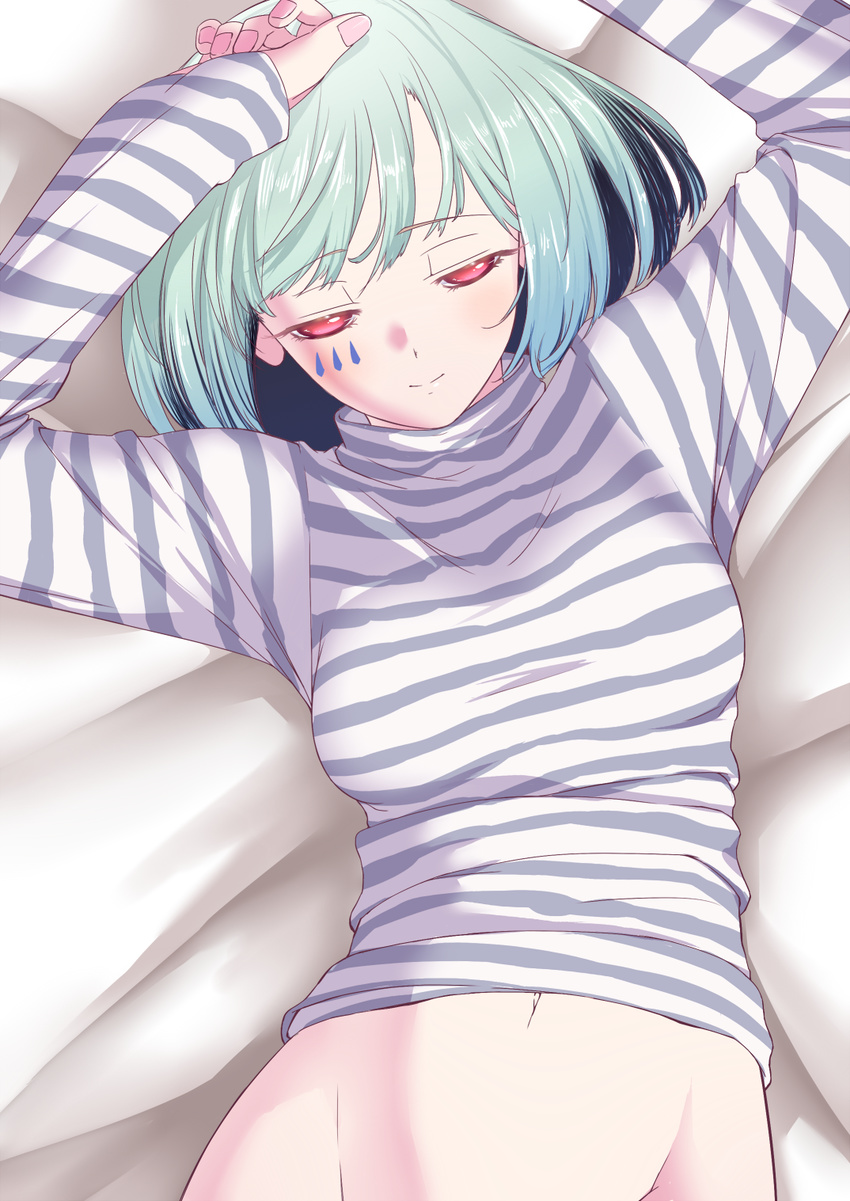 arms_up borrowed_character bottomless green_hair hands_on_own_head heriwo_(haraheridou) highres lying on_back original out-of-frame_censoring pink_eyes shirt short_hair solo striped striped_shirt tattoo