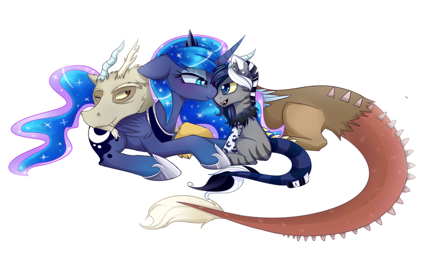 2015 blue_hair cub cutie_mark discord_(mlp) draconequus equine eye_contact fangs female feral friendship_is_magic hair horn long_hair lyra-senpai male mammal my_little_pony parent princess_luna_(mlp) red_eyes unknown_species winged_unicorn wings young